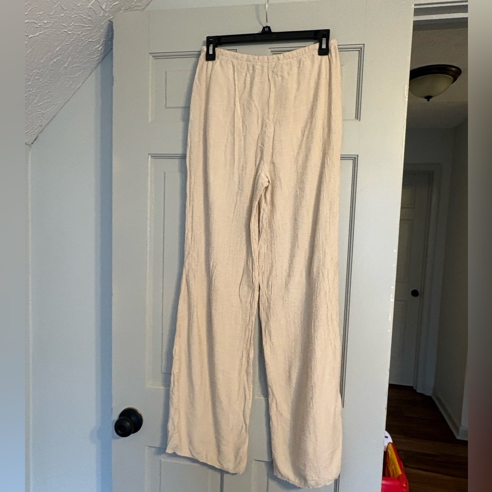 Zara Size S Beige Wide Leg Drawstring Crepe Pants Linen Blend Look - Picture 2 of 5